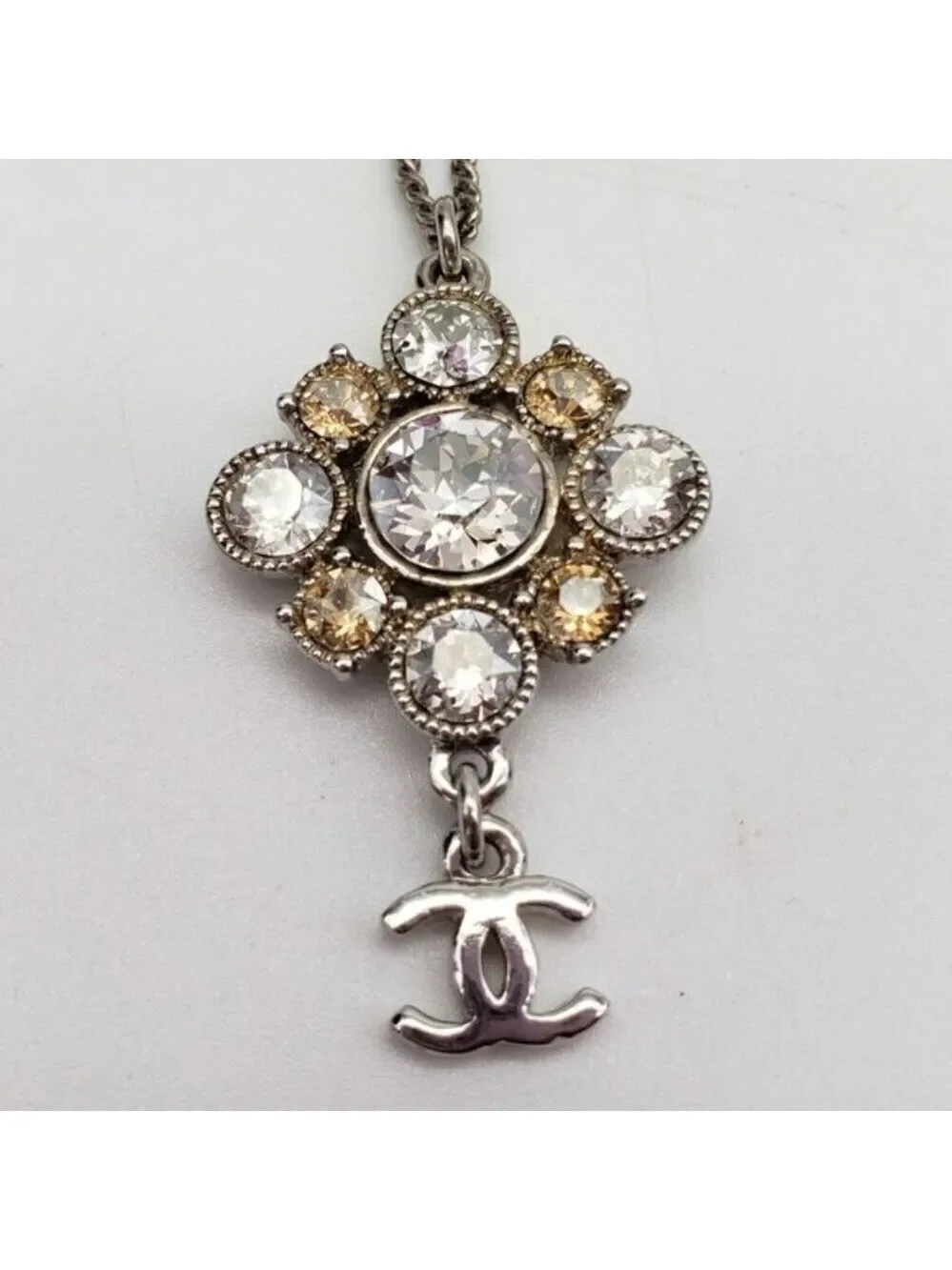 Authentic CHANEL CC with stone Necklace Silver Color 480-050522